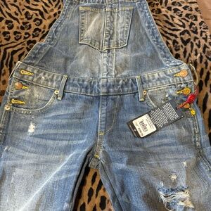 True Religion Blue Distressed Denim Overalls